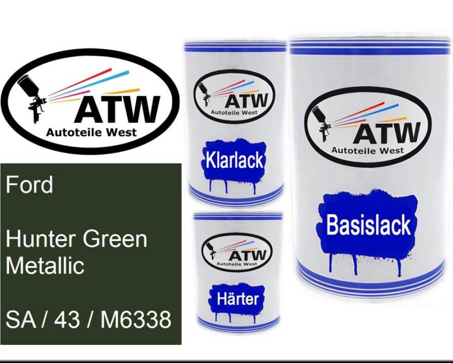 Ford, Hunter Green Metallic, SA / 43 / M6338: 500ml Lackdose + 500ml Klarlack + 250ml Härter - Set, von ATW Autoteile West.